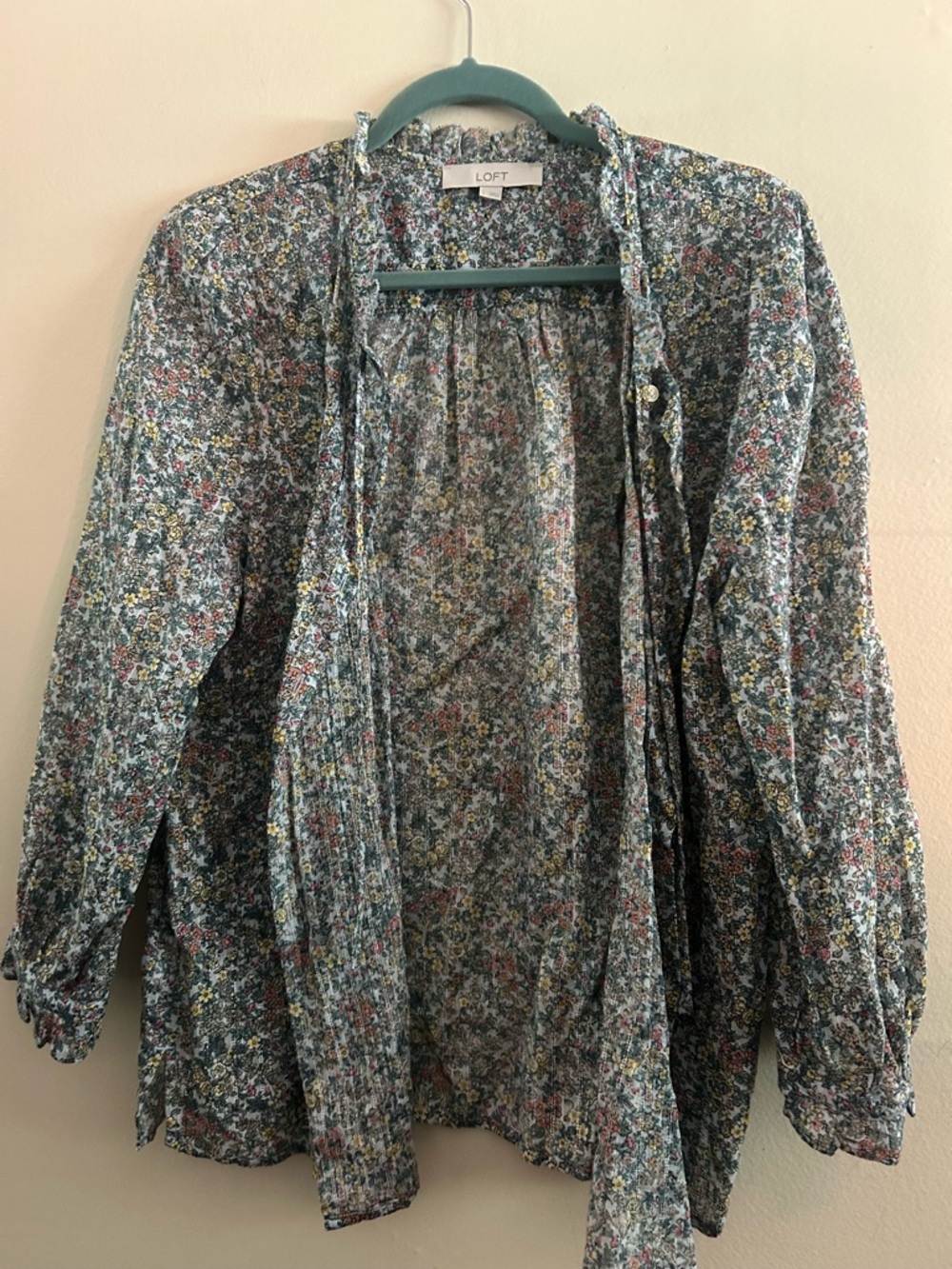 LOFT Floral Ruffle Neck Button-Down Blouse